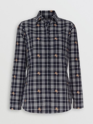 BURBERRY Equestrian Knight Check Cotton Shirt in Navy