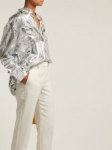 MSGM Floral-printed cracked metallic-silver lamé shirt