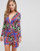 Flounce London twist front mini dress in scarf print – glamorous plunging neckline – fitted party dress