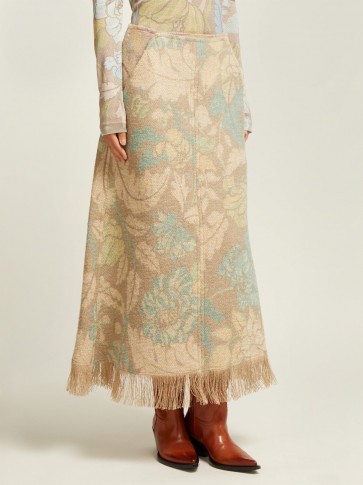 ACNE STUDIOS Fringed floral-print A-line camel skirt ~ brown tones