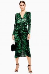 TOPSHOP Green Zebra Ruched Dress – glam party wear