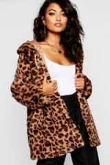 boohoo Leopard Faux Fur Coat in Taupe