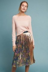 Maeve Metallic Printed Pleated Skirt Green Motif ~ shiny floral print skirts