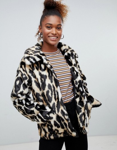 Monki faux fur leopard print jacket in brown | glamorous winter jackets