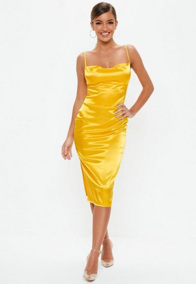 MISSGUIDED mustard satin cowl front midi dress – glamorous yellow party dresses