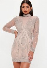 MISSGUIDED nude premium high neck beaded dress