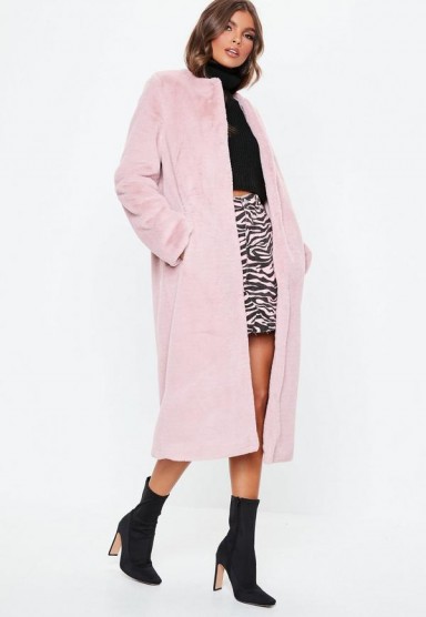 MISSGUIDED pink collarless longline faux fur coat – luxe style winter coats