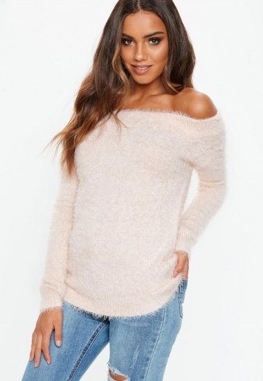 MISSGUIDED pink fluffy bardot jumper – off the shoulder sweater