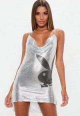 playboy x missguided silver chainmail metallic cowl mini dress – metallic silver party dresses