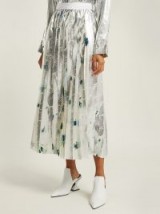 MSGM Pleated floral-print white and silver crepe skirt ~ metallic midi