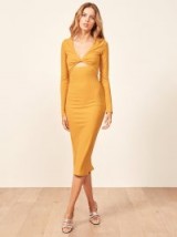 REFORMATION Polina Dress in Ochre ~ yellow fitted rib-knit cut-out dress