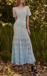 Costarellos Puffed-Sleeve Embroidered Tulle Tea-Length Dress in Blue ~ sheer puff sleeves