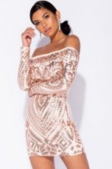 PARISIAN ROSE SEQUIN LONG SLEEVE BARDOT BODYCON DRESS | sequinned off shoulder party frock