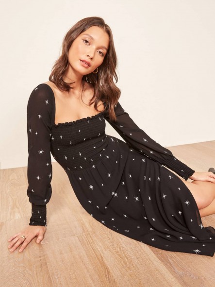 REFORMATION Rowan Dress in Constellation ~ square neck smocked frock ~ star prints