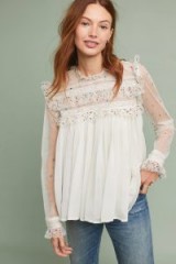 ANTHROPOLOGIE Ruffled-Embroidered Mesh-Trimmed Chiffon Blouse White ~ feminine semi sheer top