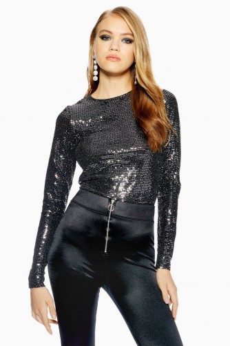 Topshop Sequin Metallic Thread Crop T-Shirt in Black | retro glamour