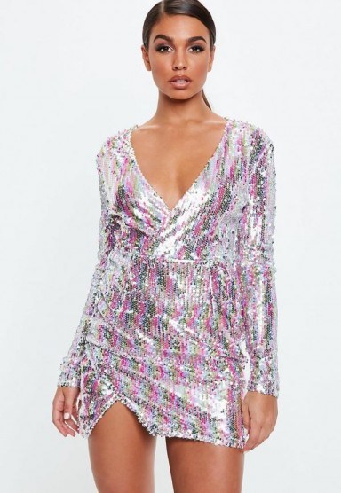 MISSGUIDED sequin rainbow stripe wrap mini dress – plunging party dresses