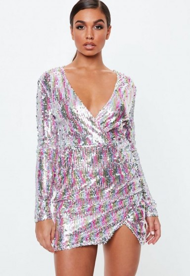 MISSGUIDED sequin rainbow stripe wrap mini dress – plunging party dresses