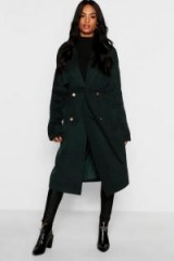 boohoo Tall Double Breasted Wool Look Coat in Green | belted winter coats