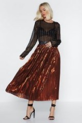 NASTY GAL The Pleat is On Metallic Skirt in Orange – side slit midi – shiny party fashion