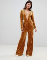 UNIQUE21 plunge front jumpsuit in mustard velvet