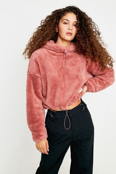 UO Fluffy Teddy Cropped Hoodie in Pink