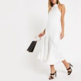 RIVER ISLAND White halter neck midi dress – fluted hemline party dress