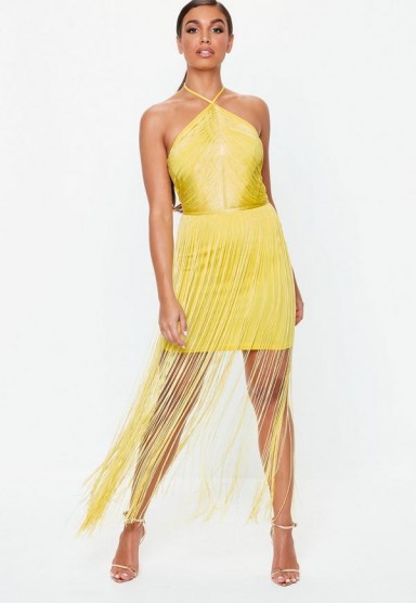 MISSGUIDED yellow halterneck fringed mini dress – glamorous party fashion