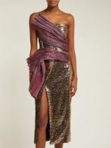 HALPERN Asymmetric pink plissé-panel gold sequinned dress ~ event luxe