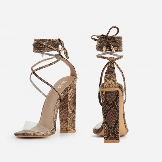 EGO Bello Perspex Lace Up Block Heel In Nude Snake Print Faux Leather – high strappy sandals