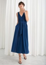 & other stories Belted Velvet Midi Dress in blue – waist tie fit and flare