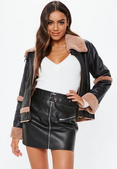 Missguided black crop zip front aviator jacket