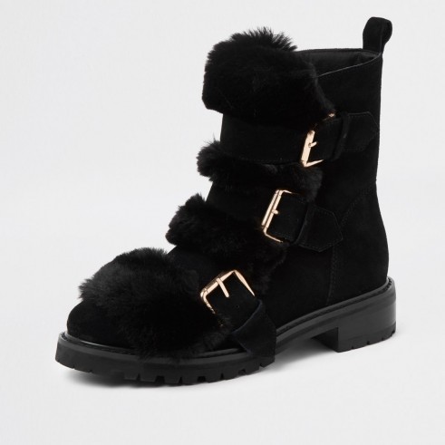 River Island Black faux fur buckle chunky boots | fluffy winter boot