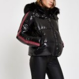 RIVER ISLAND Black high shine faux fur taped puffer jacket – shiny winter jackets