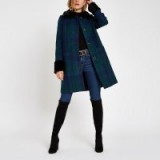 RIVER ISLAND Blue check button faux fur trim swing coat – cute winter coat