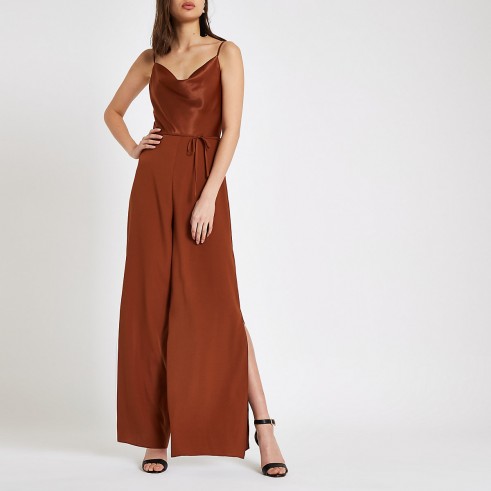 RIVER ISLAND Brown cowl neck wide leg jumpsuit – strappy jumpsuits