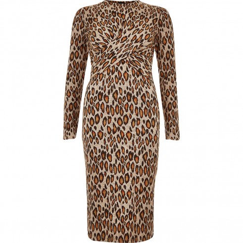 RIVER ISLAND Brown leopard print twist front midi dress