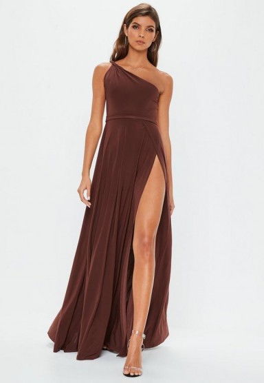 MISSGUIDED brown one shoulder slinky maxi dress – high slit party dresses