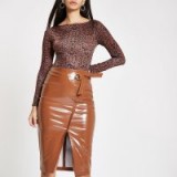 RIVER ISLAND Brown peyton wrap vinyl pencil skirt / high shine skirts