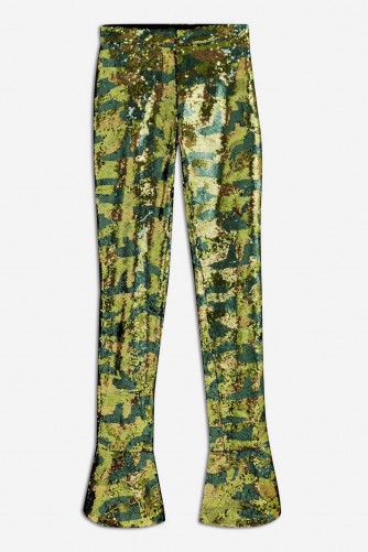 Topshop x Halpern Camouflage Sequin Trousers in Green – camo party pants