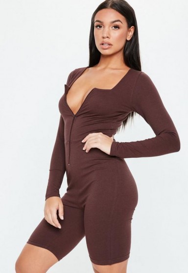 MISSGUIDED chocolate zip front square unitard – brown cropped unitards