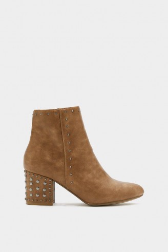 NASTY GAL Dancing on My Own Studded Bootie in Tan – brown stud heel ankle boot