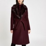 RIVER ISLAND Dark red faux fur trim belted robe coat – classic winter wrap coats