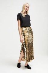 FRENCH CONNECTION EMILIA SEQUIN JERSEY MIDI SKIRT in Black/Antique Gold | shimmering party skirts