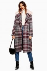 TOPSHOP Faux Fur Collar Check Coat