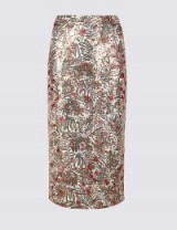 PER UNA Floral Sequin Pencil Skirt in Pink Mix ~ metallic evening skirts