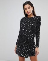 Flounce London sequin mini dress with shoulder pads in black and silver – glamorous party dresses