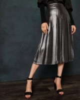 TED BAKER LAURRAA Foil pleated midi skirt in charcoal / metallic pleats