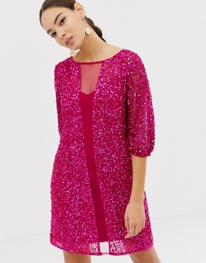 French Connection puff sleeve mini dress in pink opulence – sequinned party fashion