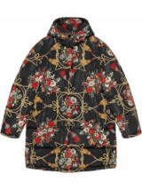 GUCCI Black padded cape coat with flowers and tassels